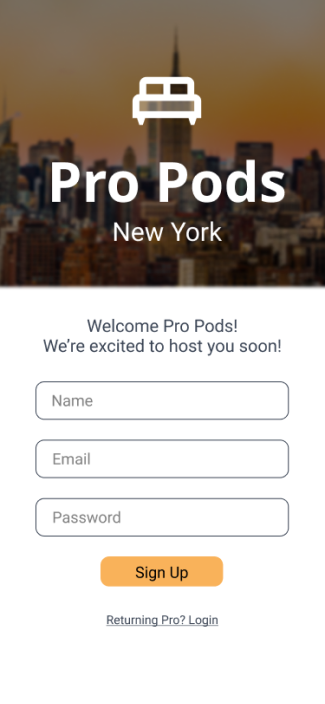 Screen capture of Pro Pods Sign Up Screen
